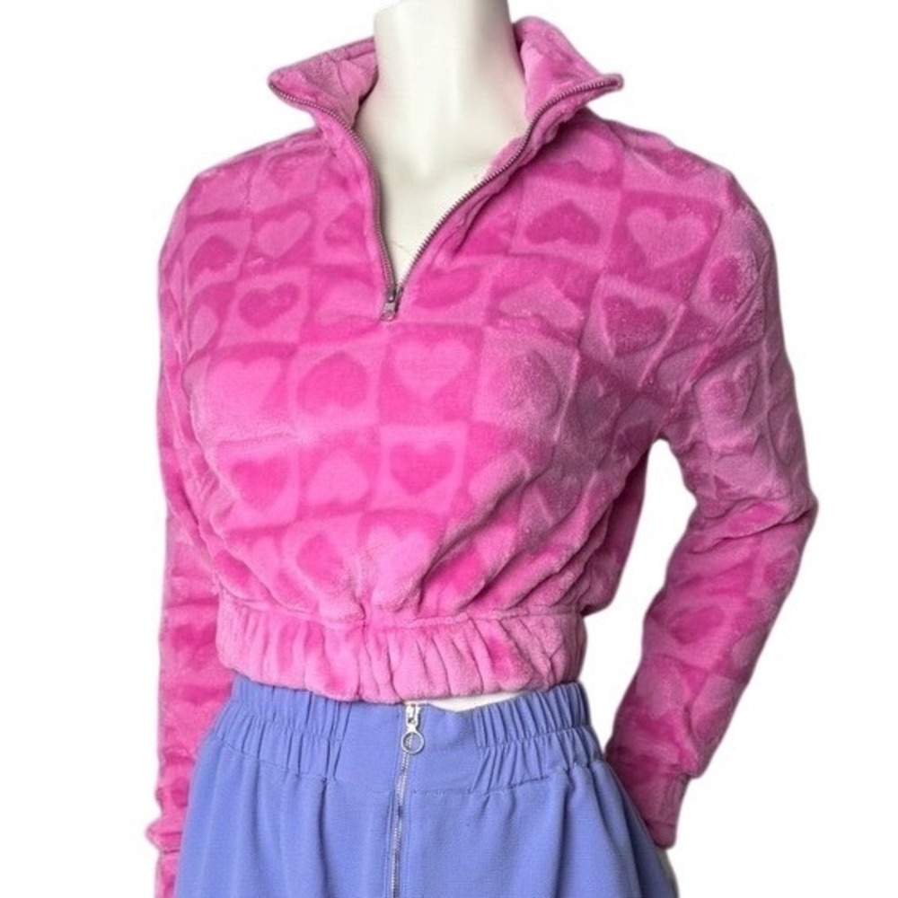 NOBO Pink Heart Fleece Cropped‎ Sweatshirt Barbiecore Dopamine Girlhoodcore XS
